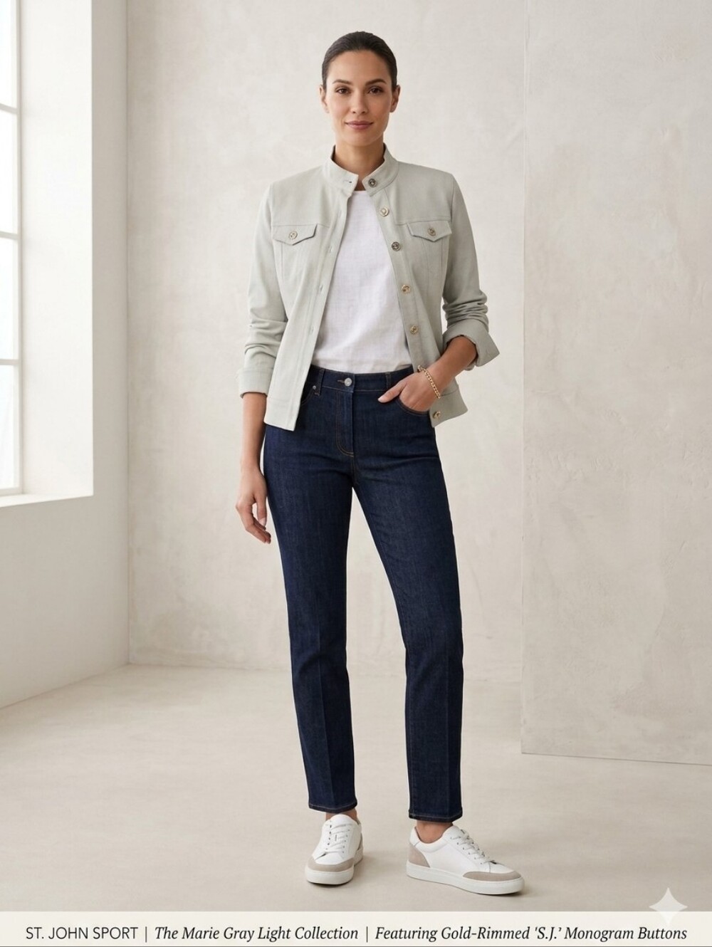 St John Sport by Marie Gray Light Blue Denim Logo Button Jean Jacket  Sz PS